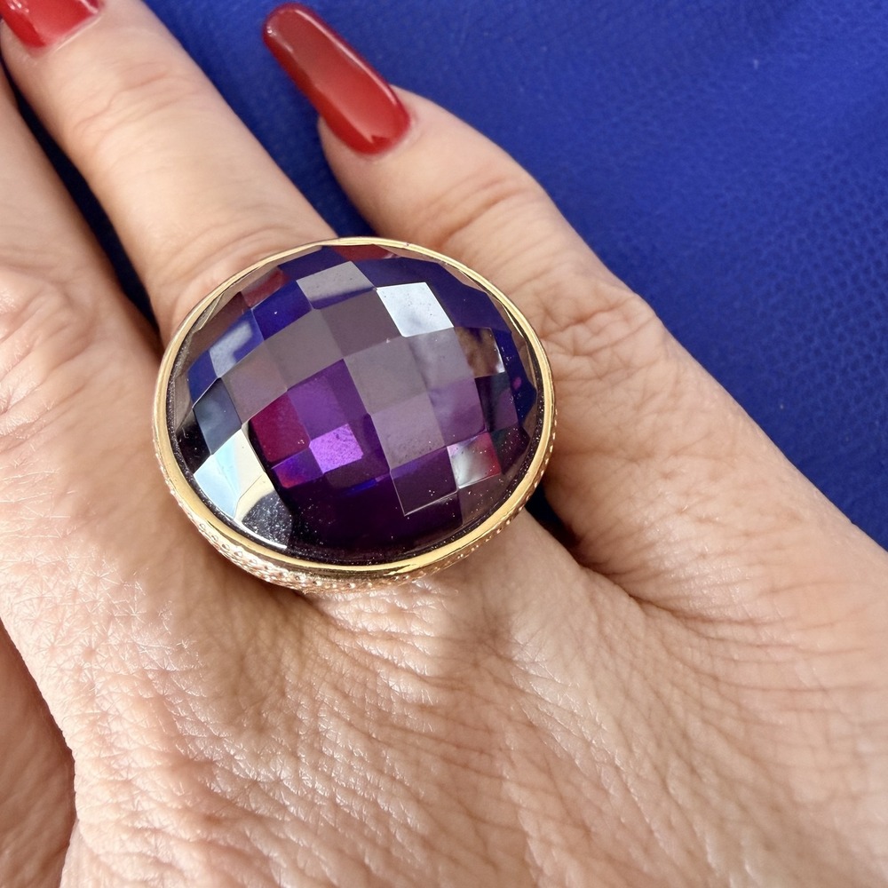 Nordstrom Gold Tone Purple Crystal Dome Cocktail Ring Size 7.75 Large Statement